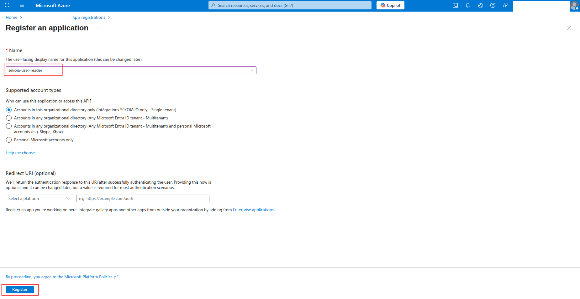 App registration form with name field