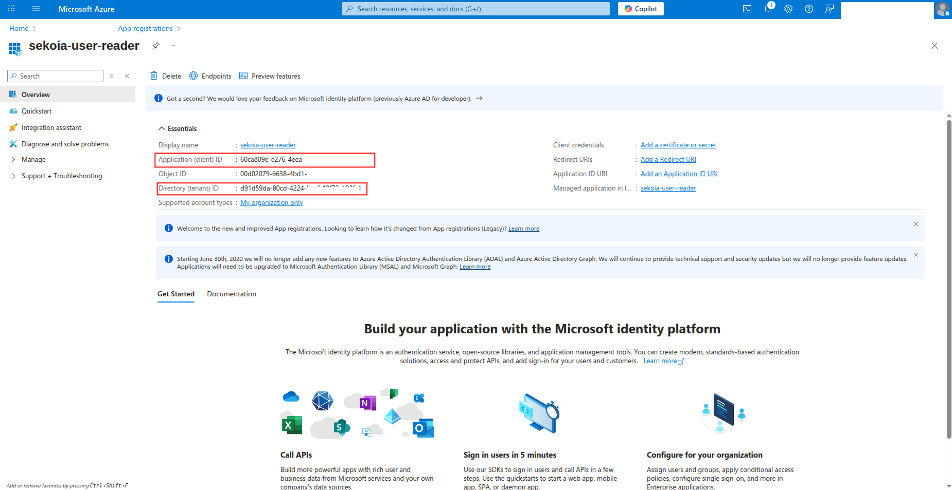 App registration overview with client and tenant IDs