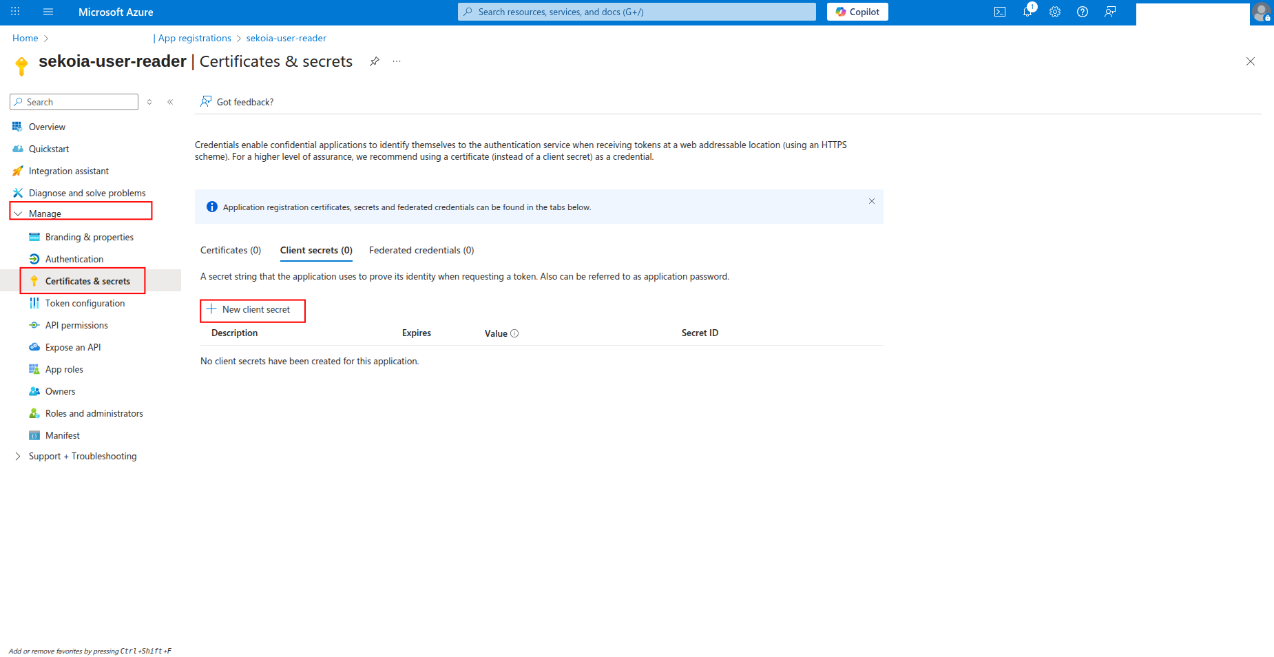 New client secret button highlighted